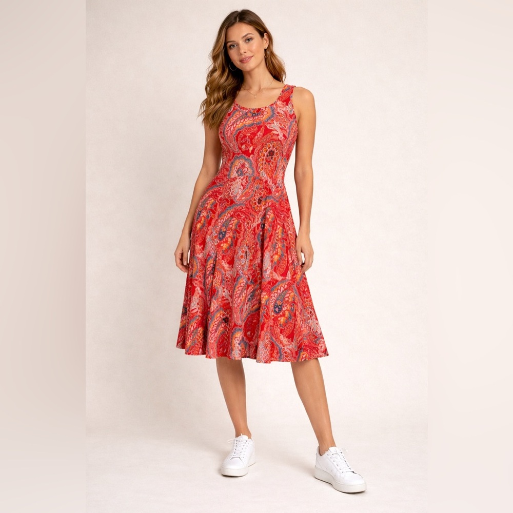 Paisley Sleeveless Swing Mini Dress Cross Back Banana Republic Tomato Red